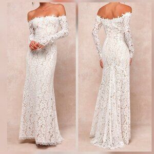 Lulus Romance Dreamer White Lace Off-the-Shoulder Maxi Dress Wedding Gown, XXS